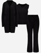 j&x Compleu din 3 piese din tricot cu bumbac: vestă cardigan și pantaloni Nordelia Negru