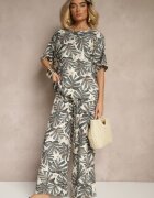j&x Compleu Gri din Viscoză Decorat cu Imprimeu Floral Tricou și Pantaloni Largi Evialena