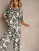 j&x Compleu Gri din Viscoză Decorat cu Imprimeu Floral Tricou și Pantaloni Largi Evialena