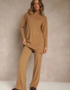 j&x Compleu Maro Reiat cu Bumbac Pulover Oversize și Pantaloni Largi Wedorena