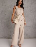 j&x Compleu Tip Costum Bej cu Bumbac Pantaloni Wide Leg și Vestă Utility Aloane
