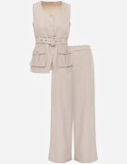 j&x Compleu Tip Costum Bej cu Bumbac Pantaloni Wide Leg și Vestă Utility Aloane