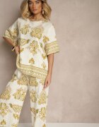 j&x Compleu Vâscoză Galben cu Imprimeu Oriental Pantaloni Largi și Tricou Pollialia