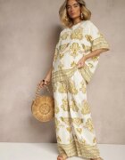 j&x Compleu Vâscoză Galben cu Imprimeu Oriental Pantaloni Largi și Tricou Pollialia