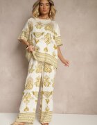 j&x Compleu Vâscoză Galben cu Imprimeu Oriental Pantaloni Largi și Tricou Pollialia
