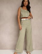j&x Compleu Verde Top Ornat cu Nasturi și Pantaloni cu Croială Largă Liracelle