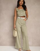 j&x Compleu Verde Top Ornat cu Nasturi și Pantaloni cu Croială Largă Liracelle