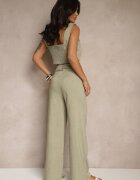 j&x Compleu Verde Top Ornat cu Nasturi și Pantaloni cu Croială Largă Liracelle