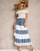 j&x Fustă Alb-albastră din bumbac în stil Boho cu elastic și șnur în talie Uvinia