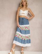 j&x Fustă Alb-Albastră din denim și bumbac cu talie înaltă cu elastic în talie și dantelă decorativă Tesaquin