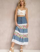 j&x Fustă Alb-Albastră din denim și bumbac cu talie înaltă cu elastic în talie și dantelă decorativă Tesaquin