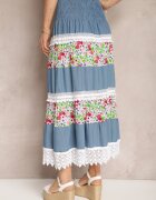 j&x Fustă Alb-Albastră din denim și bumbac cu talie înaltă cu elastic în talie și dantelă decorativă Tesaquin