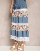 j&x Fustă Alb-Albastră din denim și bumbac cu talie înaltă cu elastic în talie și dantelă decorativă Tesaquin