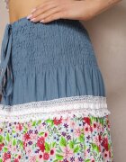 j&x Fustă Alb-Albastră din denim și bumbac cu talie înaltă cu elastic în talie și dantelă decorativă Tesaquin