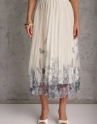 j&x Fustă evazată cu pliuri fine și broderie florală Zephali Bej deschis
