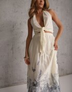 j&x Fustă evazată cu pliuri fine și broderie florală Zephali Bej deschis