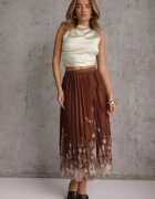 j&x Fustă evazată cu pliuri fine și broderie florală Zephali Maro