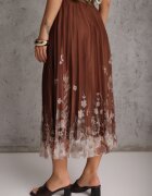 j&x Fustă evazată cu pliuri fine și broderie florală Zephali Maro