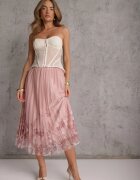 j&x Fustă evazată cu pliuri fine și broderie florală Zephali Roz