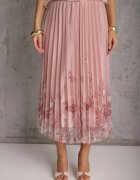 j&x Fustă evazată cu pliuri fine și broderie florală Zephali Roz