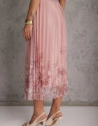 j&x Fustă evazată cu pliuri fine și broderie florală Zephali Roz