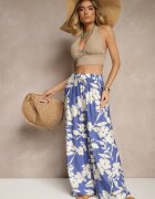 j&x Pantaloni Albaștri Larghi din Viscoză cu Talie Înaltă cu Imprimeu Floral Elaneora