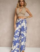 j&x Pantaloni Albaștri Larghi din Viscoză cu Talie Înaltă cu Imprimeu Floral Elaneora