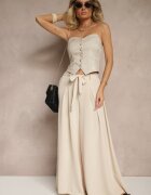 j&x Pantaloni Bej cu bumbac cu croială largă High Waist cu curea Iveleldi