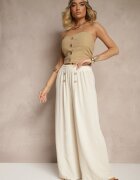 j&x Pantaloni Bej deschis cu Bumbac cu croi larg Talie înaltă Decorați cu nasturi Morritia