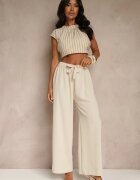 j&x Pantaloni Bej deschis cu picioare largi și centură cusută în talie Atita