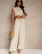 j&x Pantaloni Bej deschis cu picioare largi și centură cusută în talie Atita