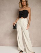 j&x Pantaloni Bej deschis din In și Viscoză cu Picior Lat și Bandă Elastică în Talie Helzeri