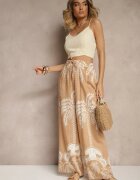 j&x Pantaloni Bej închis din Vascoză cu Croi Larg Talie Înaltă cu Palmieri Varritia