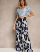 j&x Pantaloni Largi Albastri High Waist cu Viscoză cu Imprimeu Leopard Zeviera
