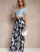 j&x Pantaloni Largi Albastri High Waist cu Viscoză cu Imprimeu Leopard Zeviera