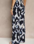 j&x Pantaloni Largi Albastri High Waist cu Viscoză cu Imprimeu Leopard Zeviera