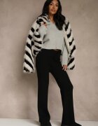 j&x Pantaloni Largi Negri cu Lână High Waist din Material Reiat Reinna