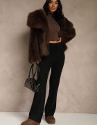 j&x Pantaloni Largi Negri cu Lână High Waist din Material Reiat Reinna