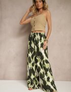 j&x Pantaloni largi verde deschis cu talie înaltă din viscoză cu imprimeu leopard Zeviera