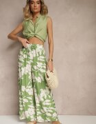 j&x Pantaloni Largi Verde închis din Viscoză Talie Înaltă cu Imprimeu Floral Elaneora