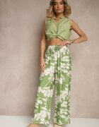 j&x Pantaloni Largi Verde închis din Viscoză Talie Înaltă cu Imprimeu Floral Elaneora