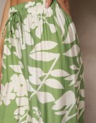 j&x Pantaloni Largi Verde închis din Viscoză Talie Înaltă cu Imprimeu Floral Elaneora