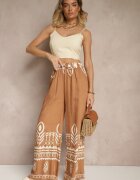 j&x Pantaloni Maro Largi din Viscoză cu Elastic în Talie Decorați cu Model Etnic Soleldi