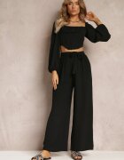 j&x Pantaloni negri cu picioare largi și curea cusută în talie Atita
