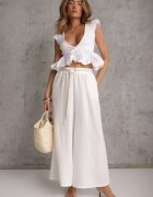 j&x Pantaloni palazzo din vâscoză cu talie înaltă decorați cu dungi și șnur Alemea Albi