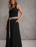 j&x Pantaloni palazzo din vâscoză cu talie înaltă decorați cu dungi și șnur Alemea Negri