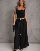 j&x Pantaloni palazzo din vâscoză cu talie înaltă decorați cu dungi și șnur Alemea Negri