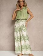 j&x Pantaloni verzi din Viscoză cu Croi Larg High Waist cu Imprimeu Boho Neolissea