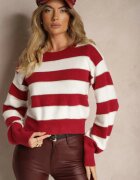 j&x Pulover Alb-Bordo cu dungi orizontale cu cusături de fir metalic Zinfarra