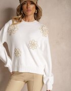 j&x Pulover Alb din bumbac Decorat cu flori 3D Esenavia
